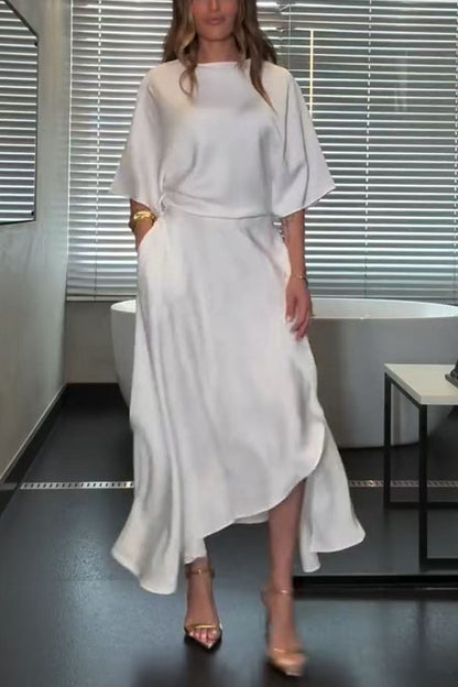 Modern and Elegant Satin Half Wide Sleeve Wrap Style Pocket Slit Loose Maxi Dress