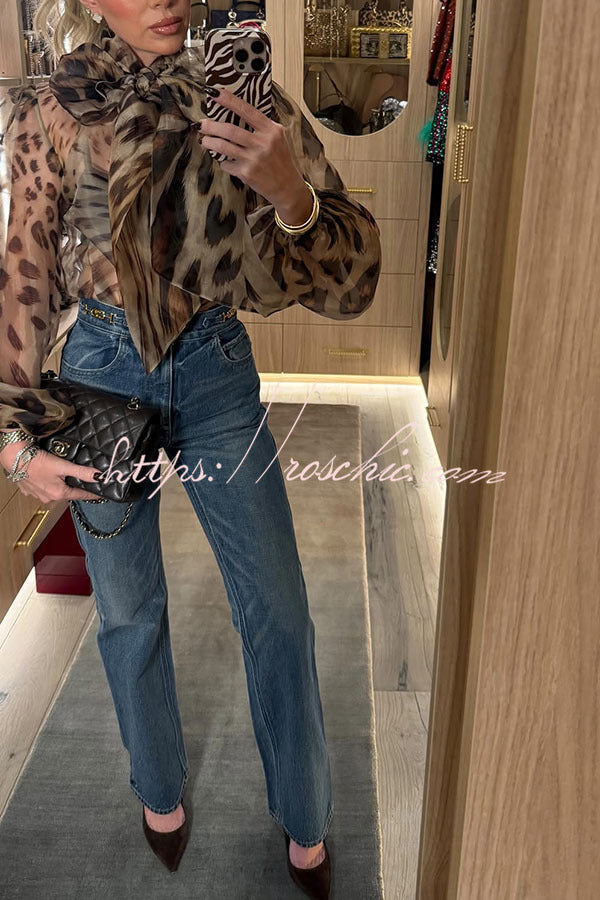 Peregrine Semi-sheer Silk Animal Print Bow Neck Balloon Sleeve Loose Blouse