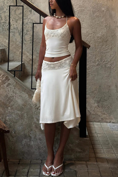 Solid Color Patchwork Lace Halter Neck Fitted Top and Elegant Knee-length Skirt Set