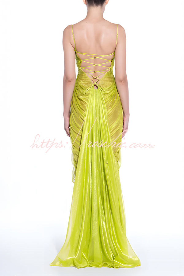 Victoria Shimmering and Flowing Pleated Fabric Back Lace-up Drape Maxi Dress