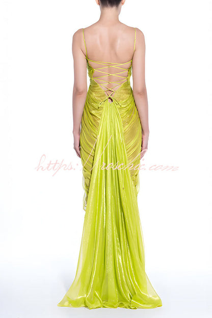 Victoria Shimmering and Flowing Pleated Fabric Back Lace-up Drape Maxi Dress