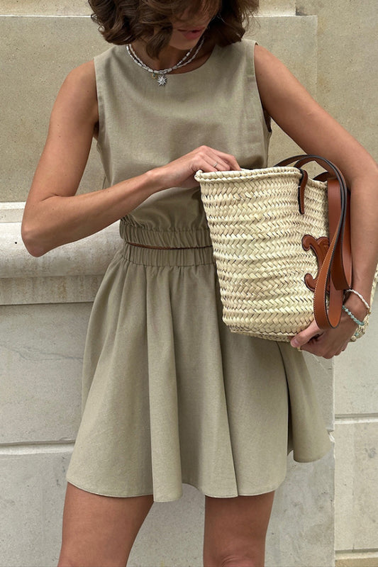 Linen Blend Crew Neck Sleeveless Top and Elastic Waist Casual Mini Skirt Set