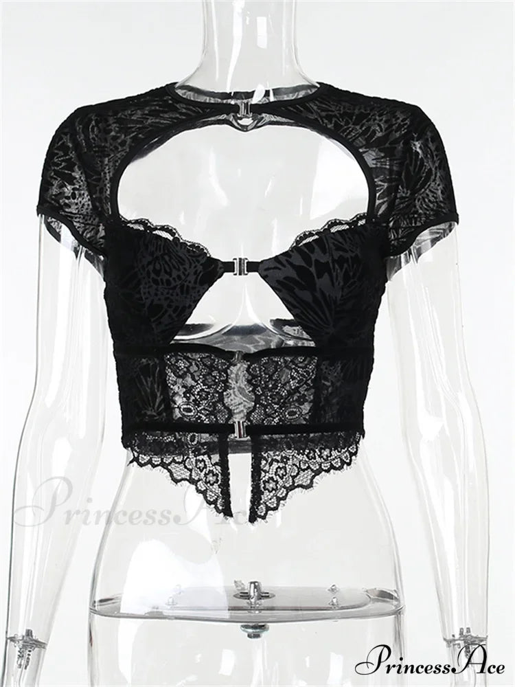 Fairycore Grunge Lace Backless Hollow Out Short Sleeve T-Shirts