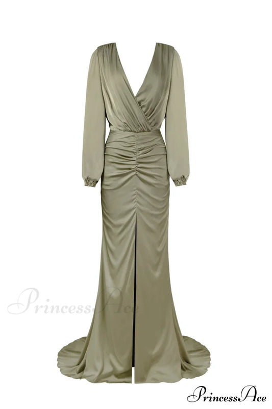 Fancy Olive Silk Charming Maxi Evening Dress
