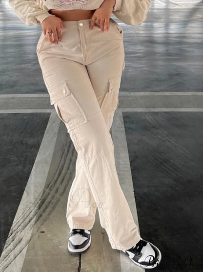 Fashion Baggy Cargo Big Pockets Pants Vintage Slim Y2k Women Waist Denim ArmyGreen High Khaki Streetwear Trousers