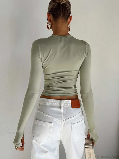 Fashion Crew Neck Slim Fit Long Sleeve Knit Top with Thumb Holes