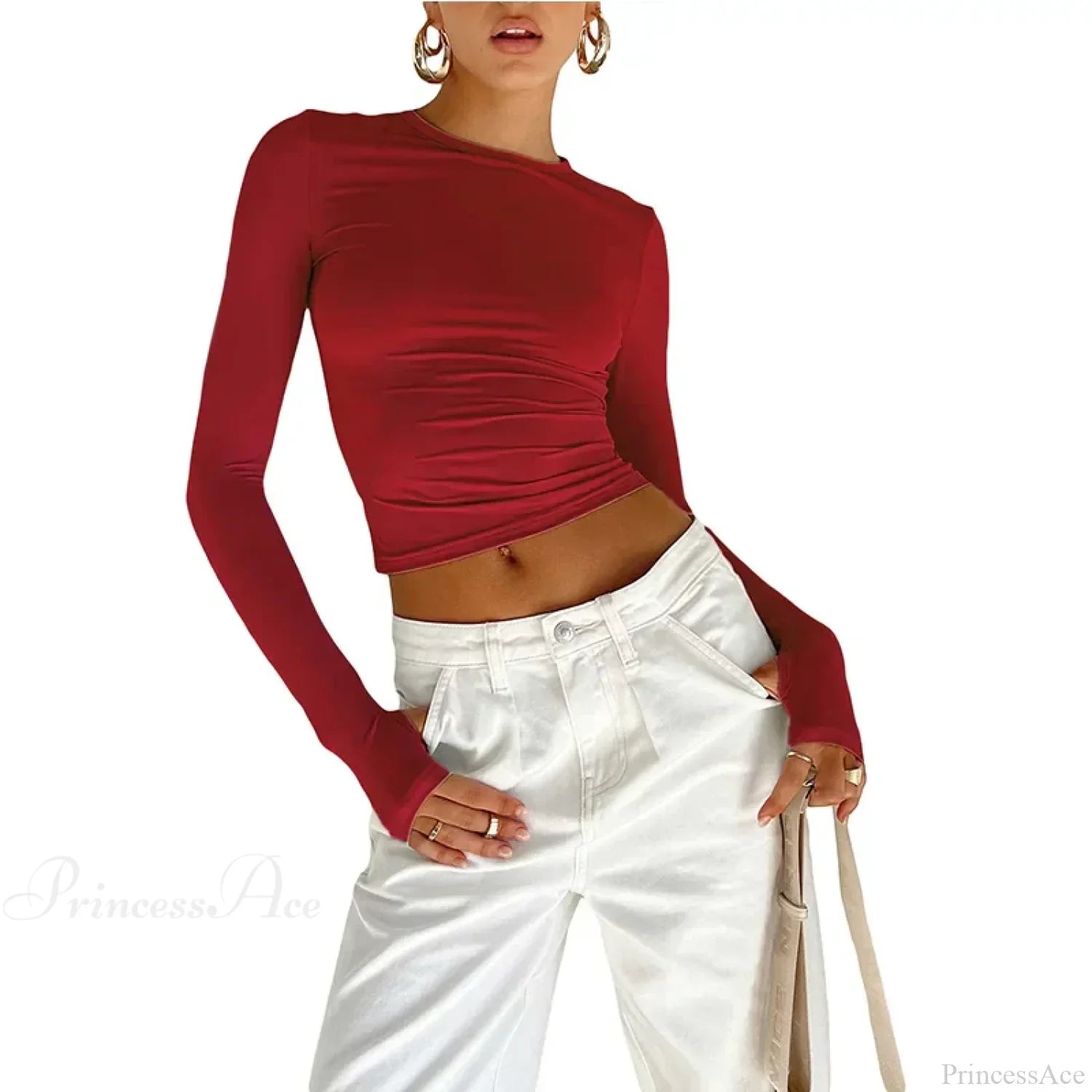 Fashion Crew Neck Slim Fit Long Sleeve Knit Top with Thumb Holes