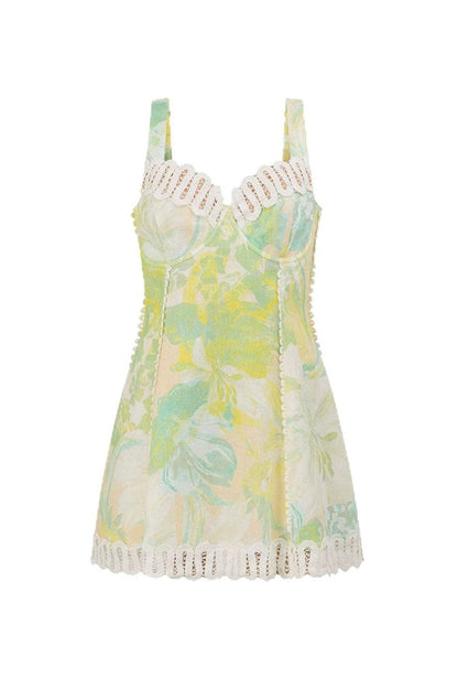 Linen Lace Trim Floral Mini Boho Dress
