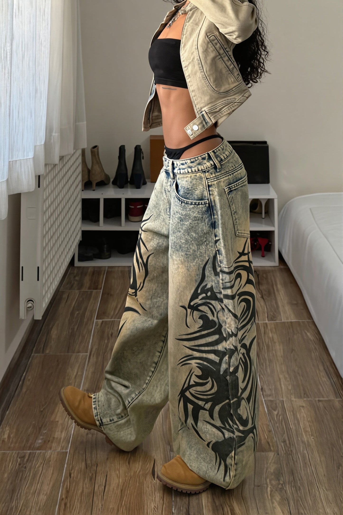 Vintage Printed Loose Straight Jeans