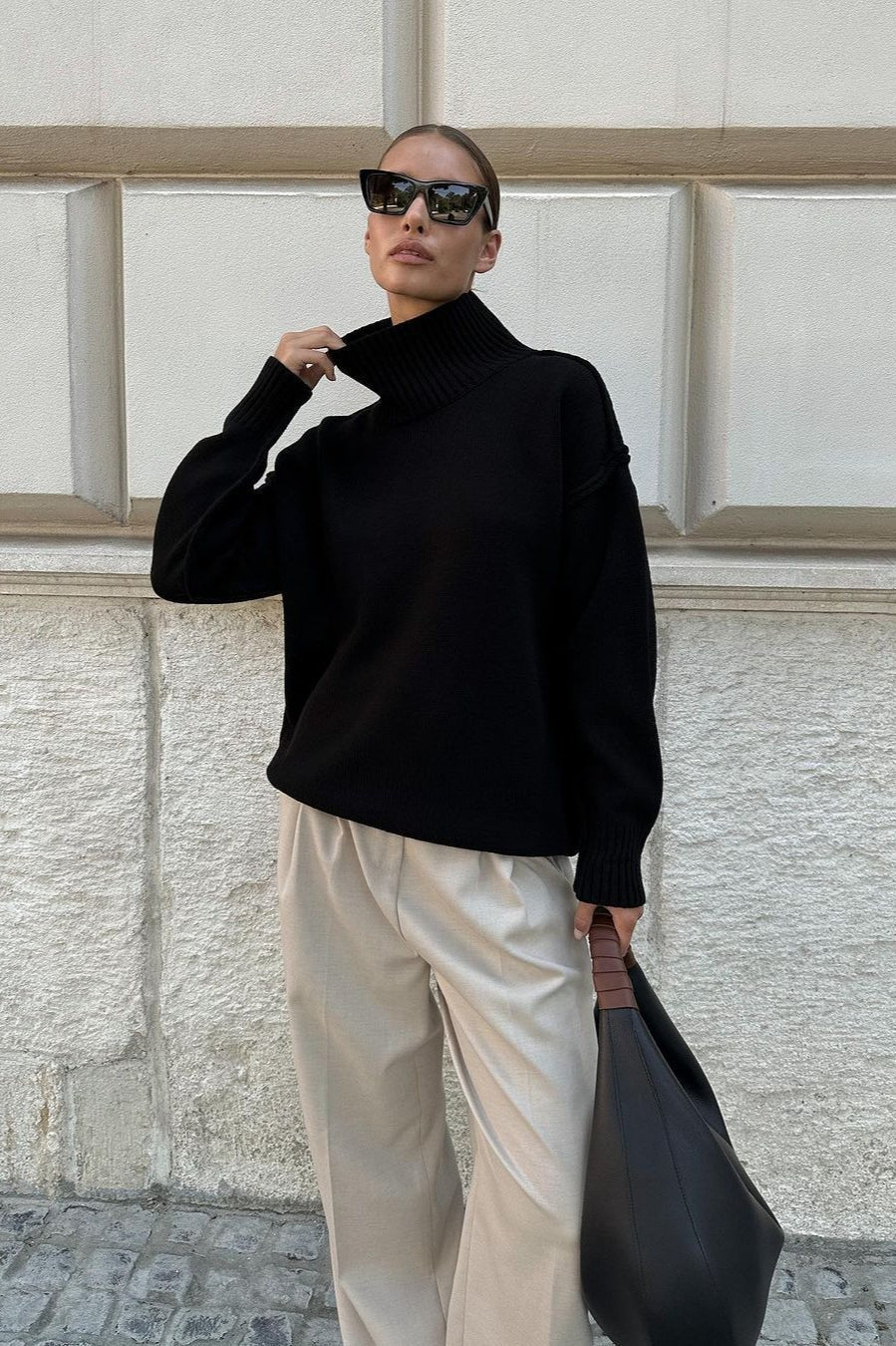 High Neck Patchwork Knit Sweater