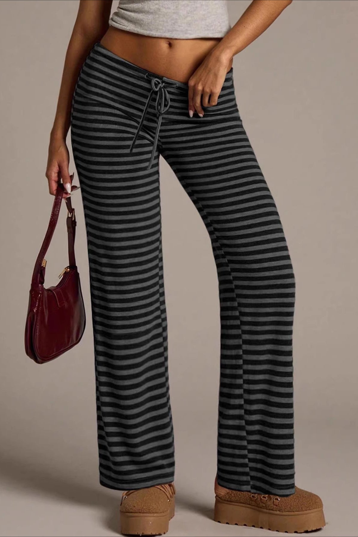 Retro Striped Drawstring Wide Leg Pants