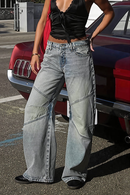 Low Rise Vintage Washed Spliced Straight Jeans