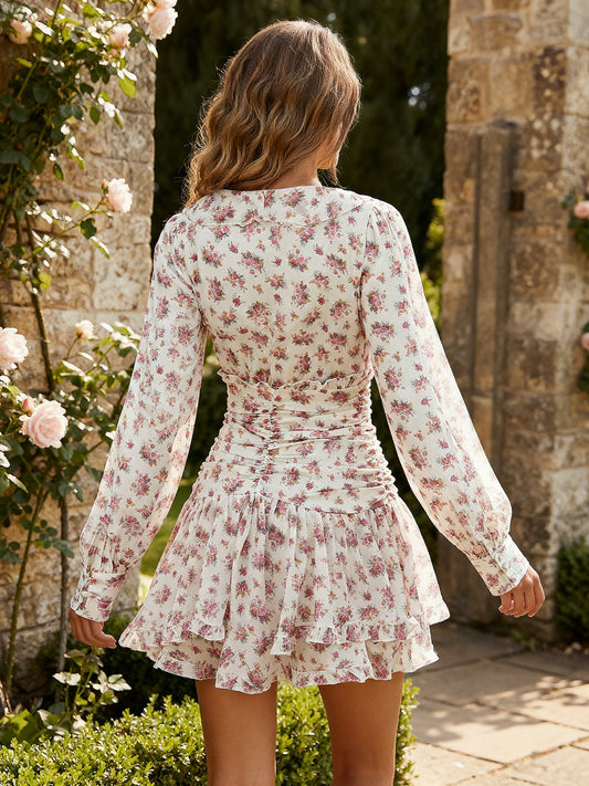Pink Floral Print V-Neck Long Sleeve Mini Dress For Summer 2026