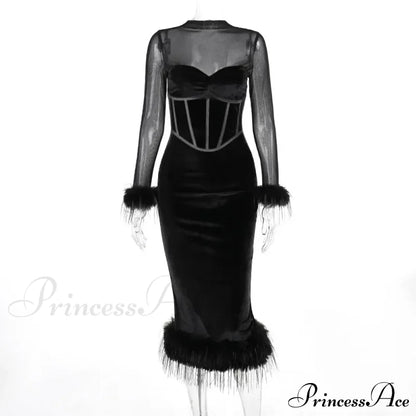 Feathered Retro Slim High Waisted Spliced Mesh Temperamental Female Midi Dress
