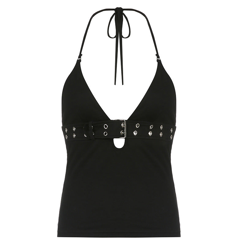 Black Belt Bandage V Neck Backless Halter Top