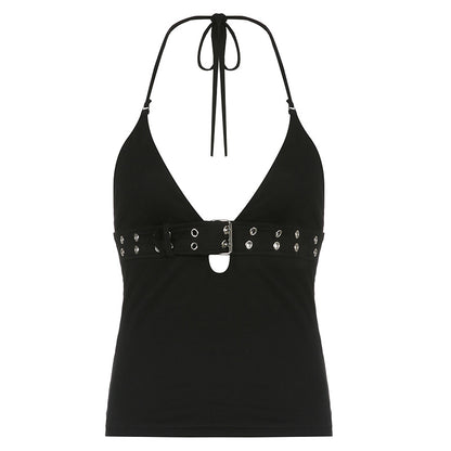 Black Belt Bandage V Neck Backless Halter Top