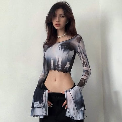 Y2K Punk Print Flare Long Sleeve Top