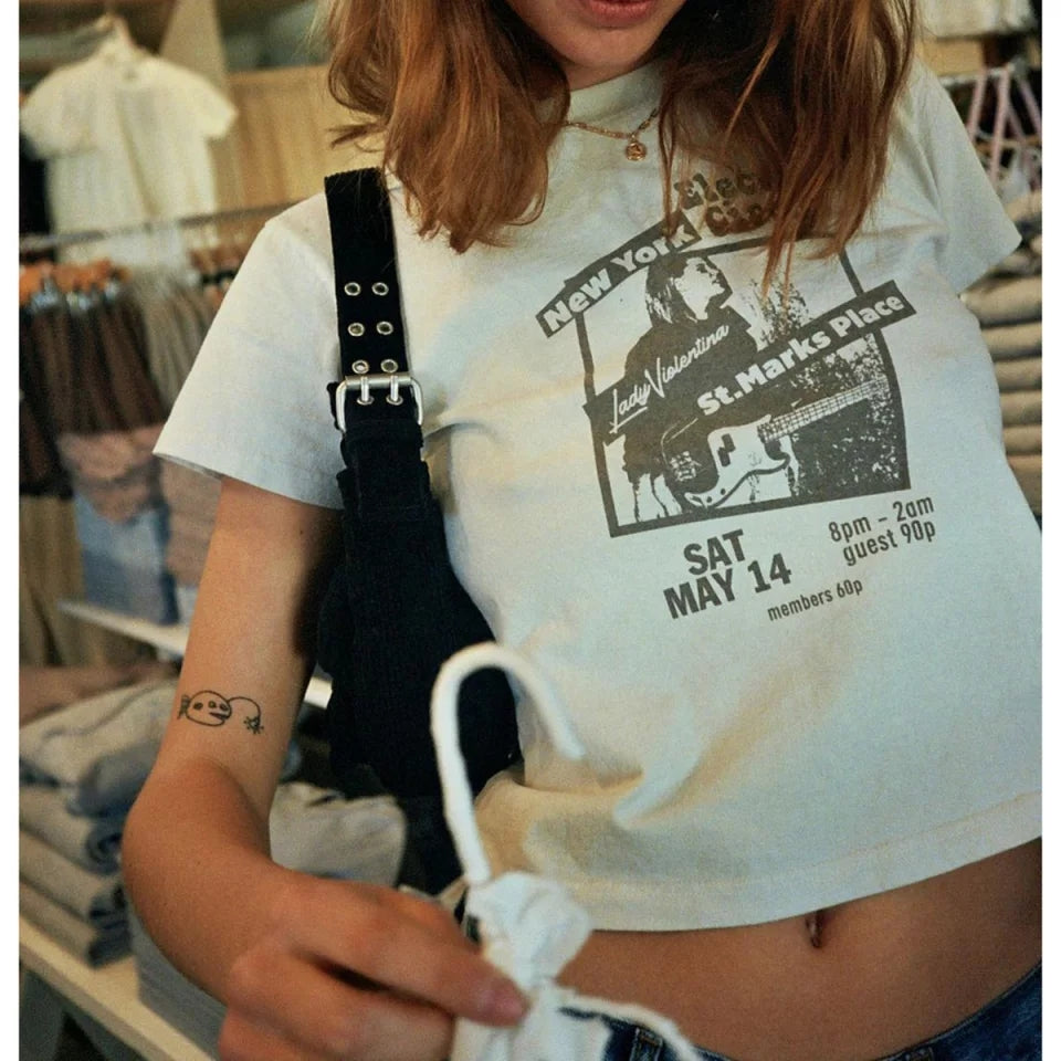 Cute 90s Vintage Guitar Retro White Short Sleeve T- Shirt Top Aesthetic Casual Summer E-Girl Kawaii Korean Japanese Harajuku