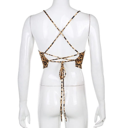 Sexy Leopard Backless Camisole Lace Up Spaghetti Strap Tank Crop Top Bandage Open Back Aesthetic E-Girl Kawaii Korean Japanese Harajuku Streetwear