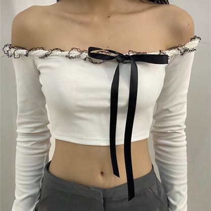 Ruffle Off Shoulder Lace Up Long Sleeve Top