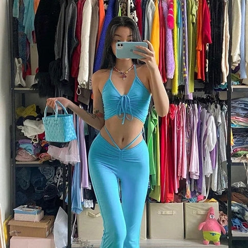 2PCS Blue Bandage Drawstring Halter Top + Flare Pants