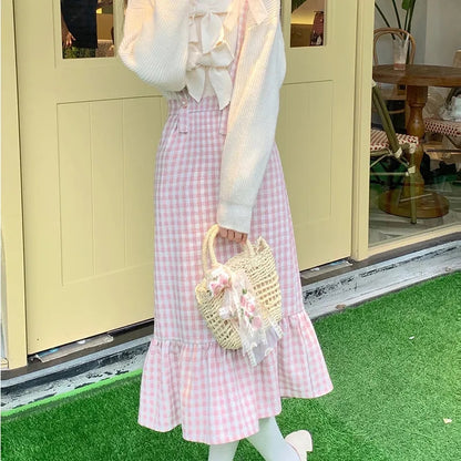 Pink Plaid High Waist Long Skirt