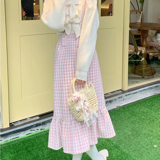 Pink Plaid High Waist Long Skirt