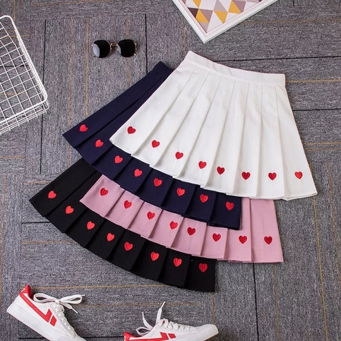 Cute Love Heart Pleated High Waist A-line Mini Skirt Summer Aesthetic Casual E-Girl Kawaii Korean Japanese Harajuku