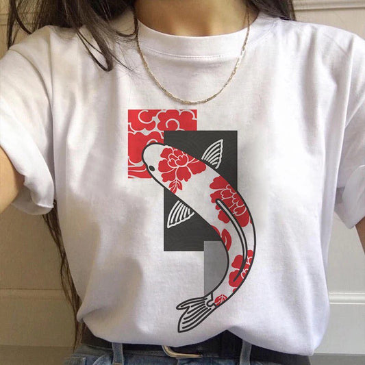 Vintage Koi Goldfish Print Cartoon Loose Oversize Short Sleeve Short T-shirt Tee Top Summer Casual E-Girl Kawaii Korean Japanese Harajuku Streetwear