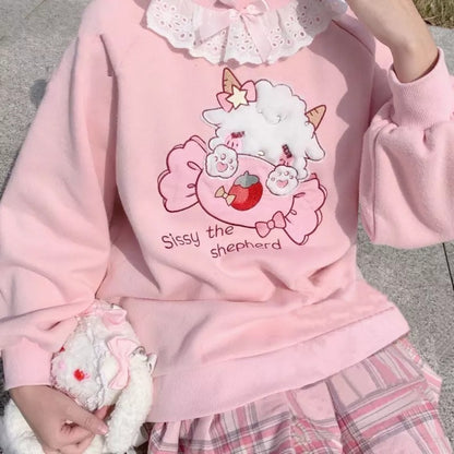 Pink Pastel Lamb Embroidery Lace Sweatshirt Sweater Long Sleeve Shirt Pullover Jumper E-Girl Kawaii Korean Japanese Harajuku Streetwear