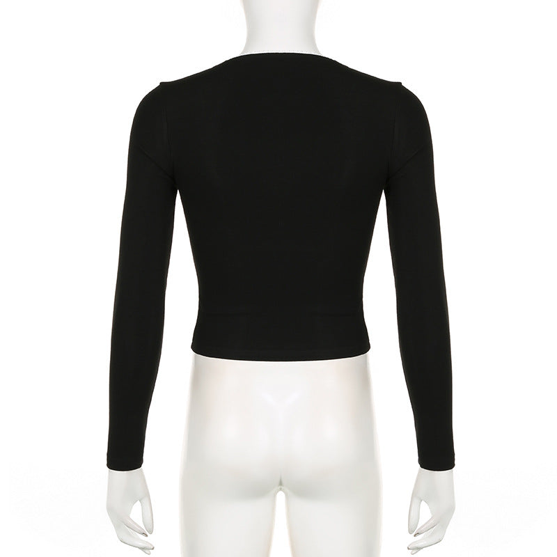 Black Bow Square Collar Long Sleeve Shirt