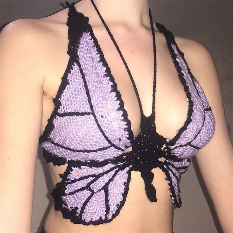 Cute Sexy Butterfly Crochet Halter Sleeveless Shirt Crop Top Camisole Beach Tunic Party Summer Aesthetic Casual E-Girl Kawaii Korean Japanese Harajuku