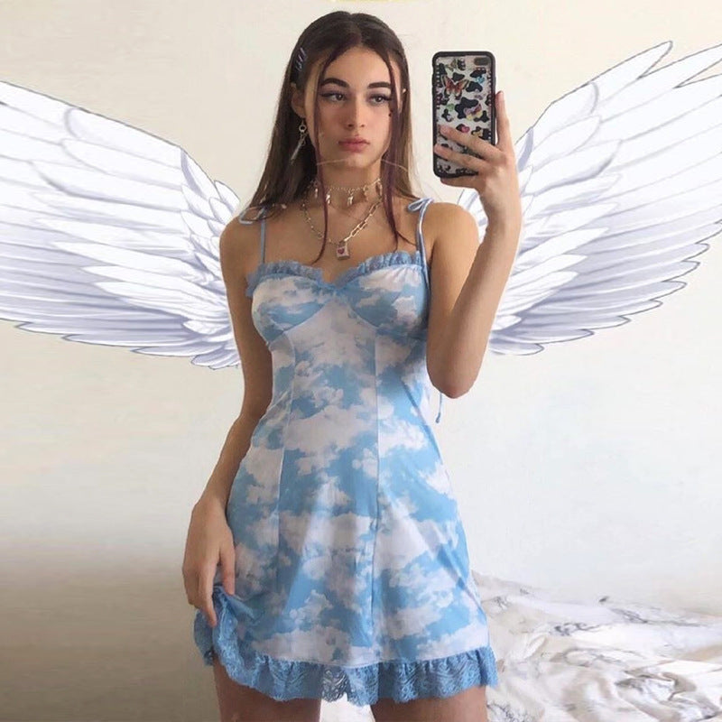 Cute Vintage Straped Mini Dress Bandage Ruffle Puff Elegant E-Girl Kawaii Korean Japanese Harajuku Chinese Retro Streetwear Aesthetic