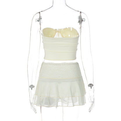 2PCS Cream Lace Corset Top + Mini Skirt