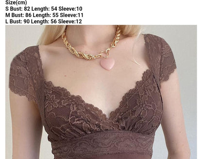 Brown Lace Trim Short Sleeve Shirt