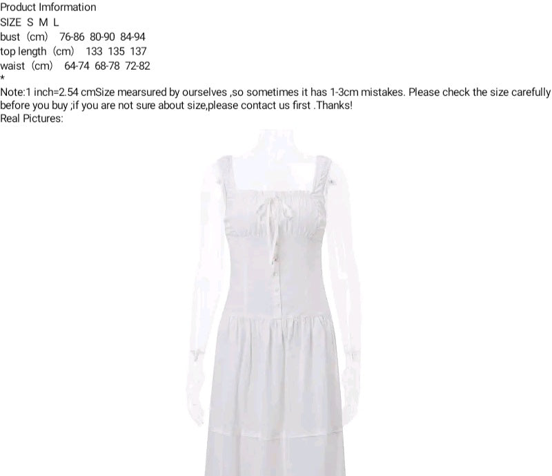 White Pleated Lace Up Square Collar Ruffle Maxi Dress
