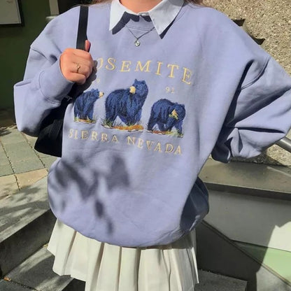 Vintage Bear Embroidery Sweatshirt Causal Long Sleeve Shirt Crew Neck Oversize Loose Sweater E-Girl Kawaii Korean Japanese Harajuku Streetwear