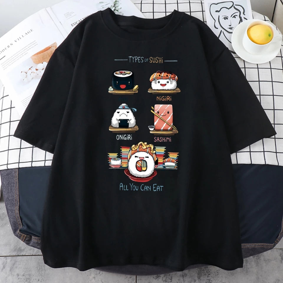 Cute Sushi Food Graphic Cartoon Print Loose Short Sleeve T-shirt Aesthetic Casual Summer E-Girl Kawaii Korean Japanese Harajuku