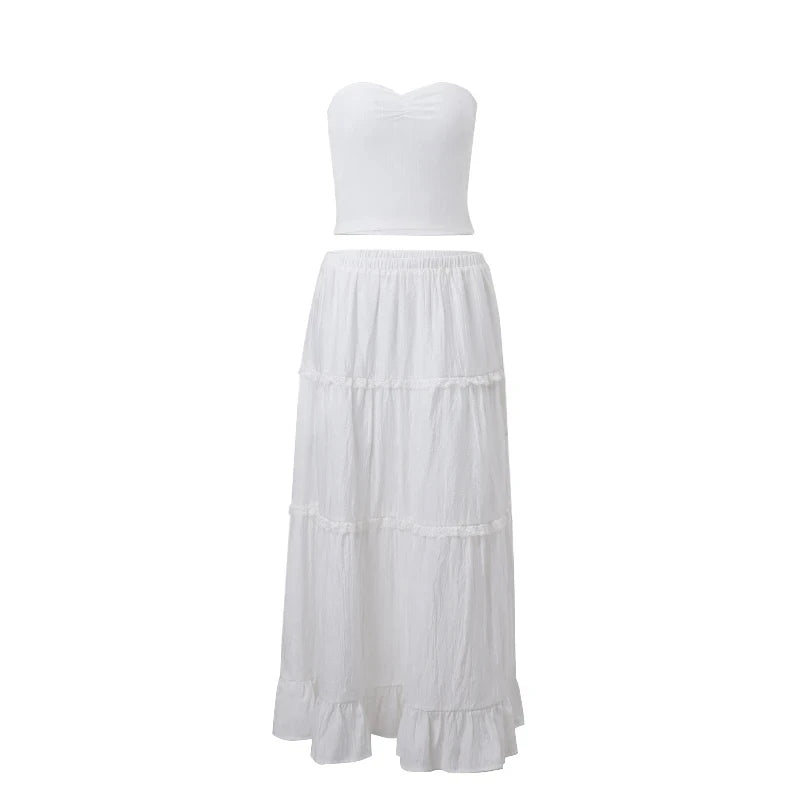 2PCS Strapless Tank Top + Pleated Long Skirt