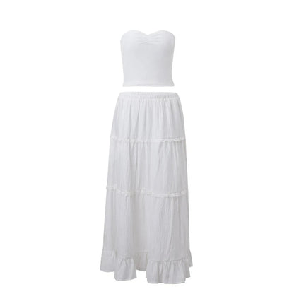 2PCS Strapless Tank Top + Pleated Long Skirt