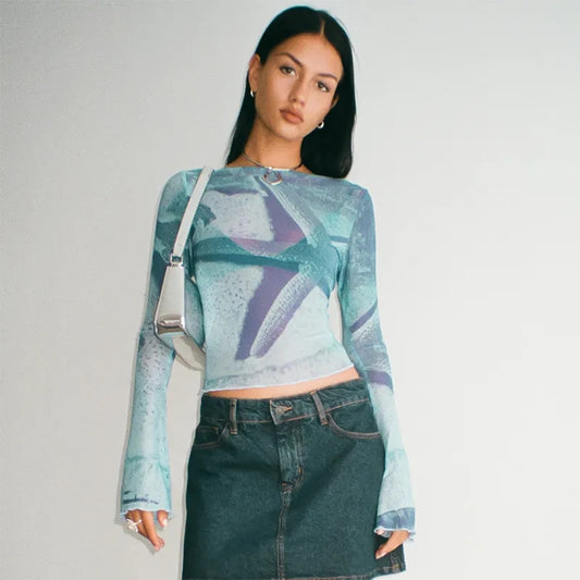 Starfish Mesh Graphic Print Flare Long Sleeve Shirt