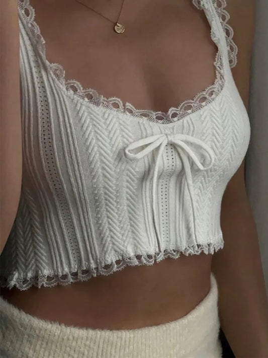 Lace Patchwork Bow Tank Top