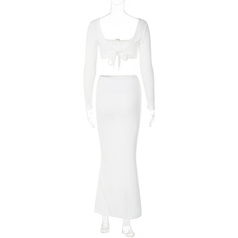 2PCS White Rose Long Sleeve Crop Top + Maxi Skirt