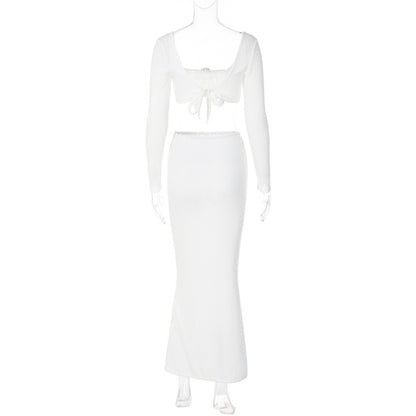 2PCS White Rose Long Sleeve Crop Top + Maxi Skirt