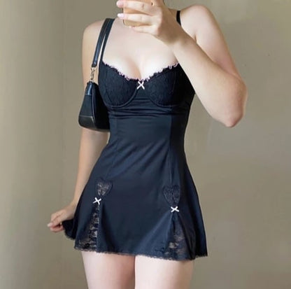 Cute Sexy Black Lace Bow Patchwork Retro Mini Dress Party Club Summer Aesthetic Casual E-Girl Kawaii Korean Japanese Harajuku