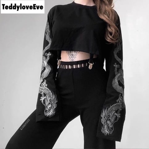 Sexy Black Goth Punk Dragon Print Vintage Sweatshirt Loose Crop Top Long Sleeve Shirt T-shirt E-Girl Kawaii Korean Japanese Harajuku Streetwear