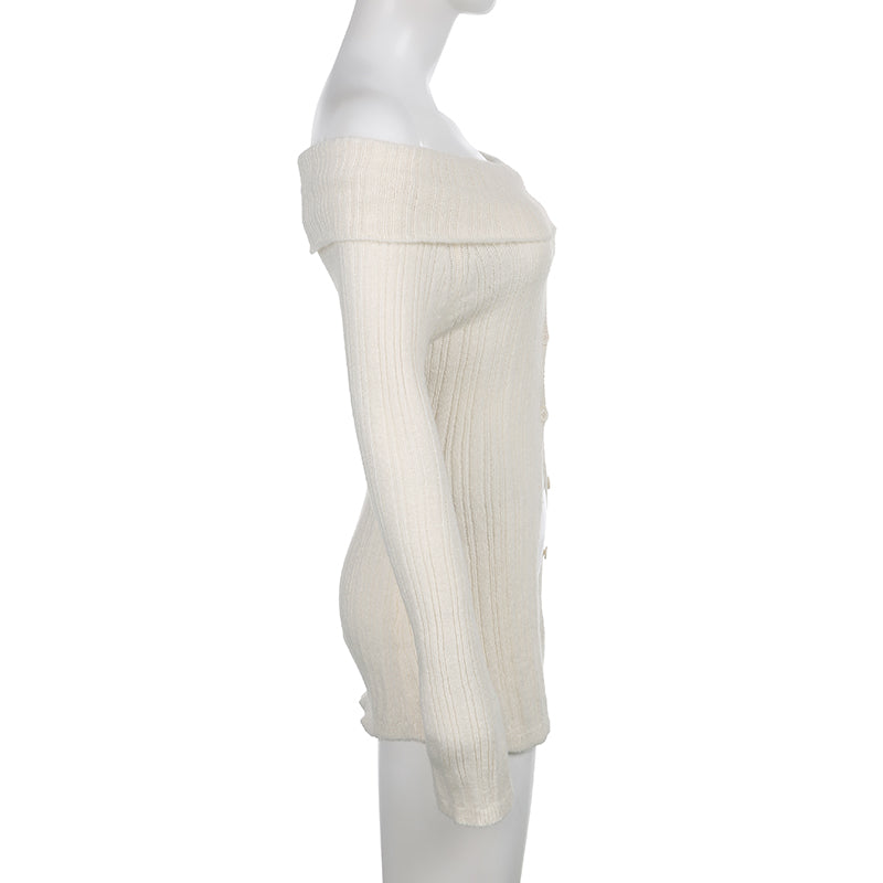 White Button Up Split Slash Neck Sweater