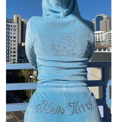 Cute Kitty Cat Rhinestone Crystal Tracksuit Zipper Hoodie Sweatshirt + Pants Trouser Aesthetic Casual E-Girl Kawaii Korean Japanese Harajuku