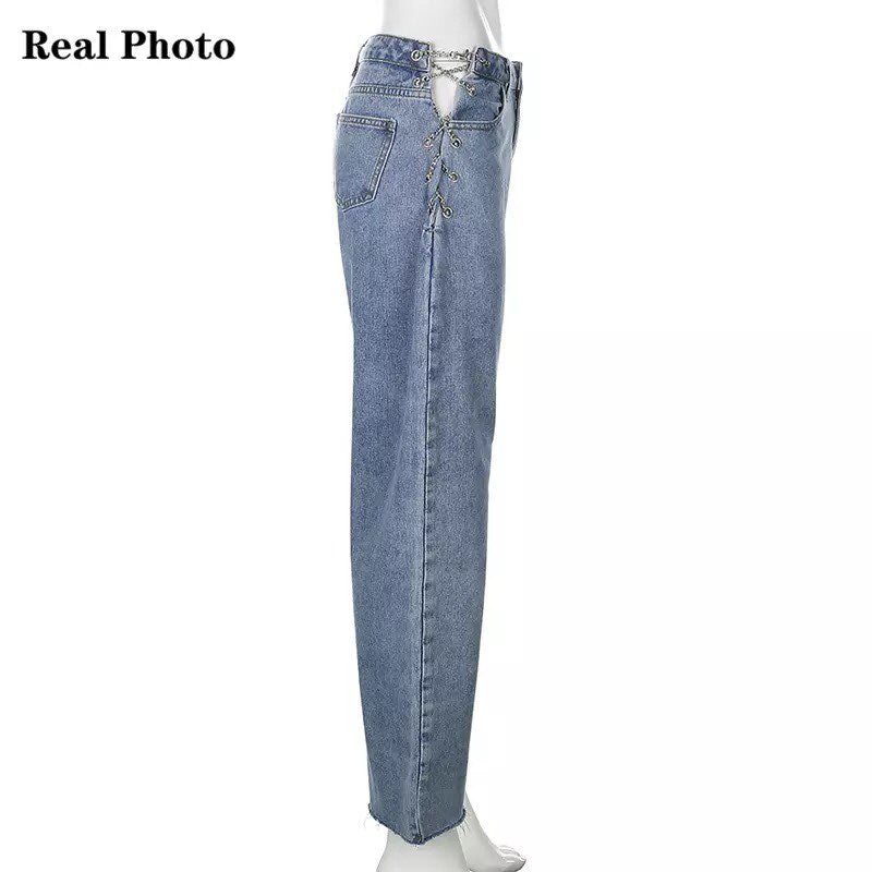 Chain High Waist Straight Denim Jeans Legs Light Blue Pants Summer Aesthetic Casual E-Girl Kawaii Korean Japanese Harajuku