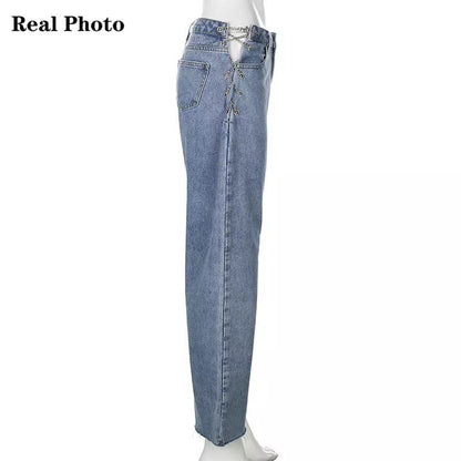 Chain High Waist Straight Denim Jeans Legs Light Blue Pants Summer Aesthetic Casual E-Girl Kawaii Korean Japanese Harajuku